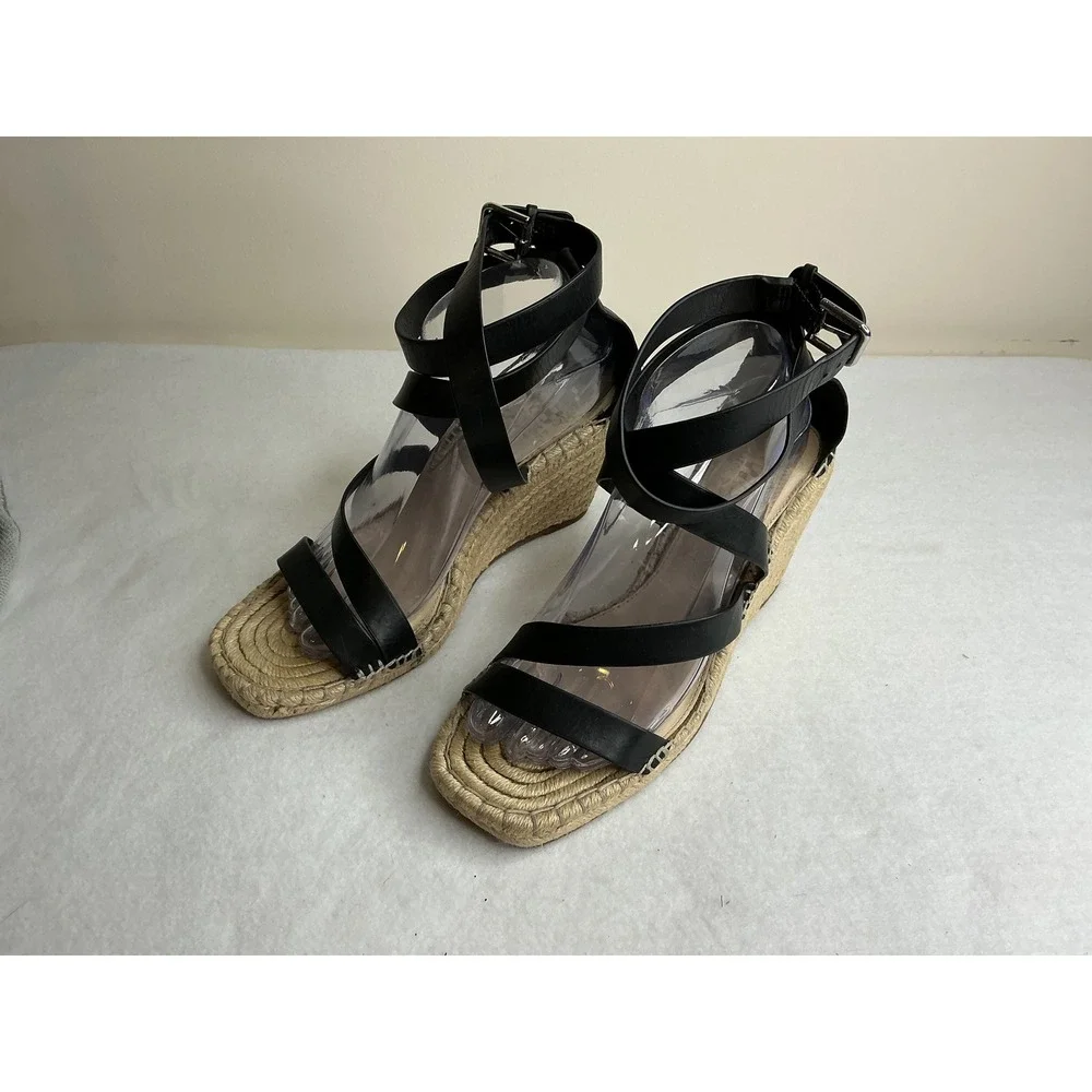Vince Camuto Black Leather Espadrille Wedge Sandals Ankle Strap 8.5M